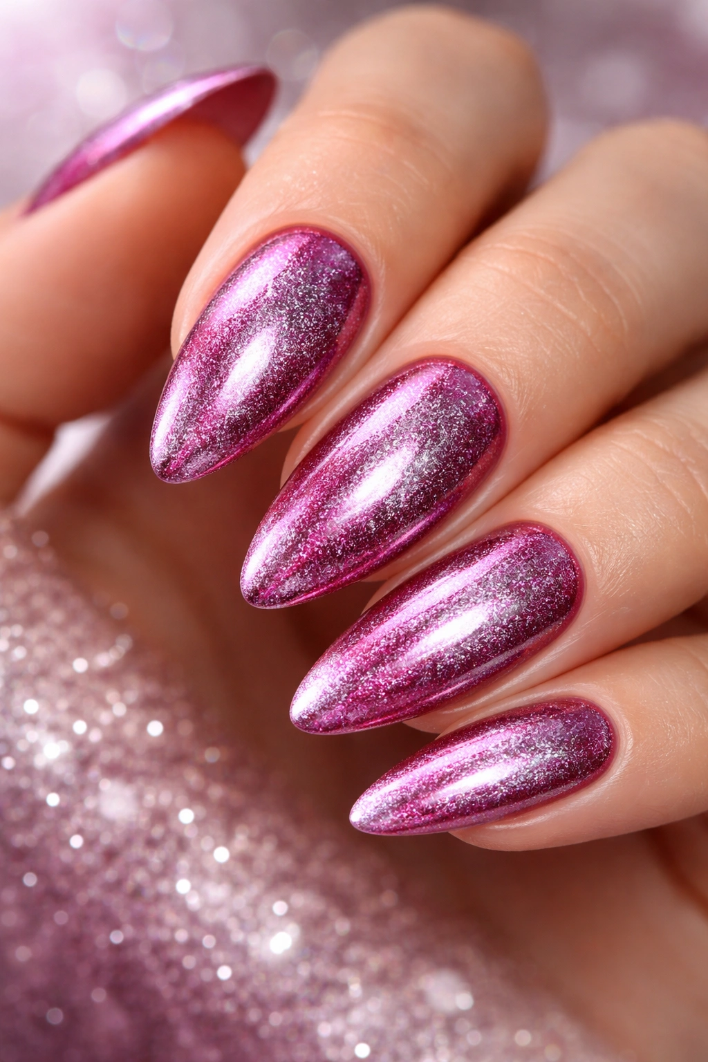 Close-up of frosted berry chrome nails showing red base with chrome overlay