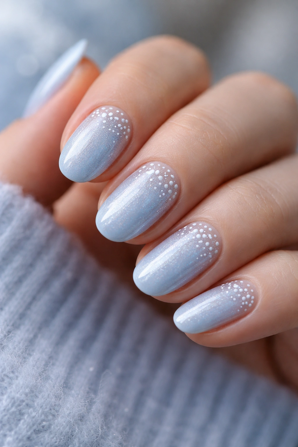 Close-up of frosted blue nails with white dot details on short ovals