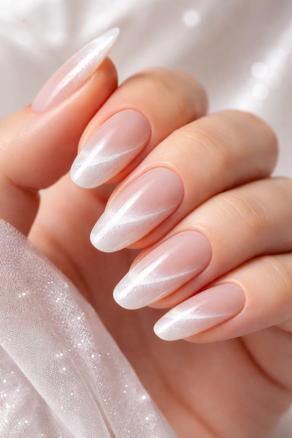 Nails with frosted base and cat-eye tips in soft focus