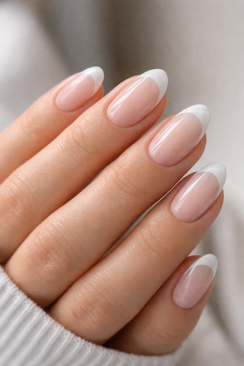 Close-up of frosted white French tips on a short almond nail with sheer nude base