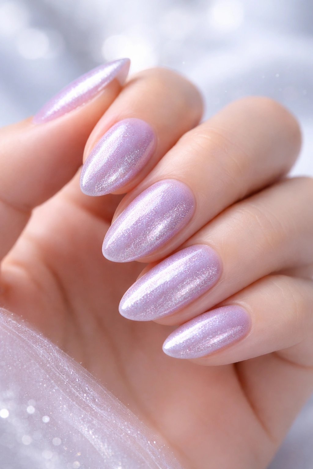 Close-up of frosted lilac nails with subtle shimmer in a cool winter studio setting