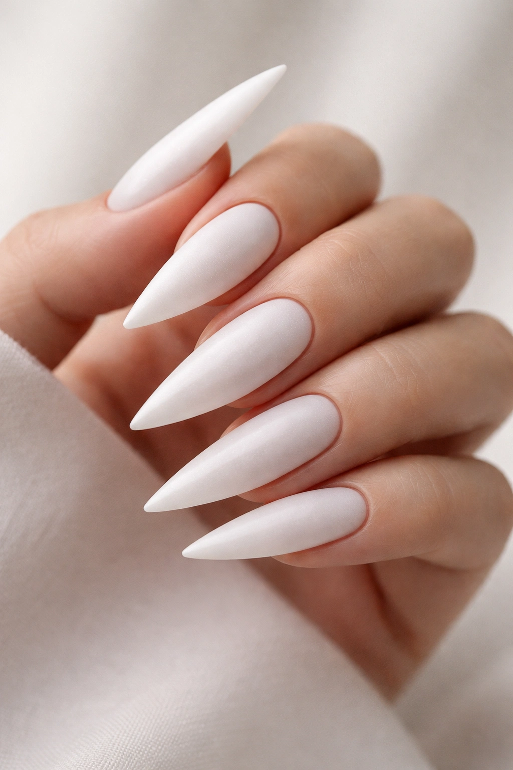 Close-up of frosted white matte stilettos nails with velvet texture on a neutral background