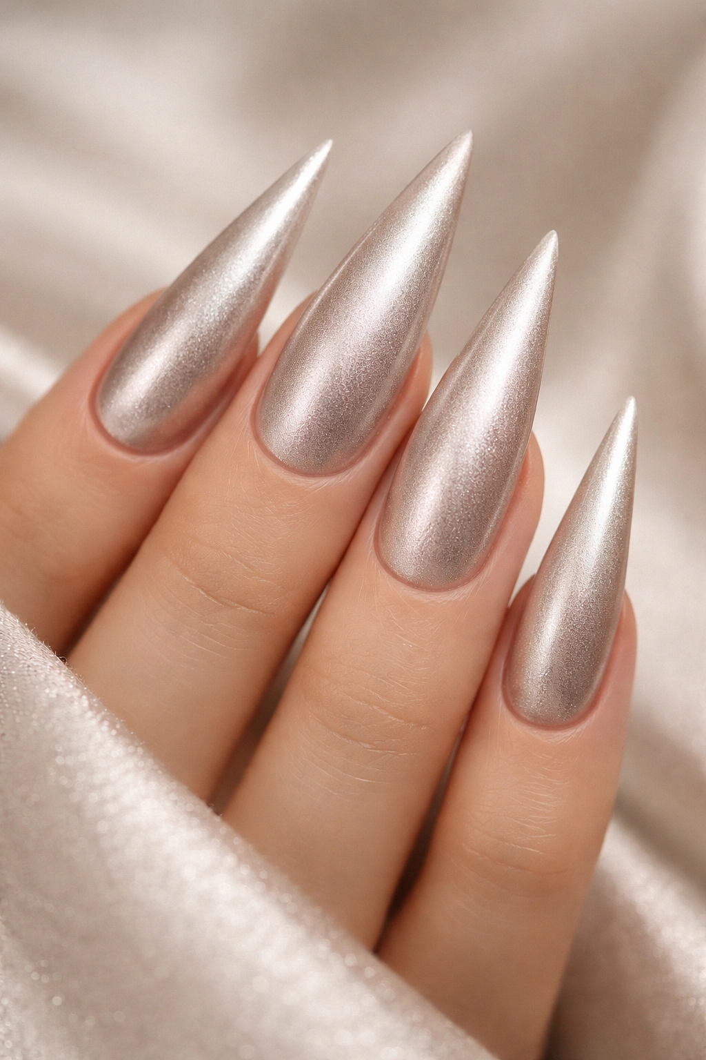 Close-up of Soft Frosted Metallic Stilettos nails