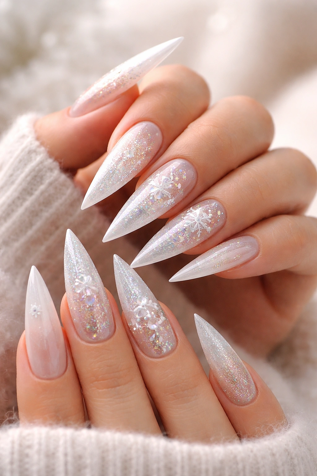 Close-up of frosted stiletto nails in a minimal setting