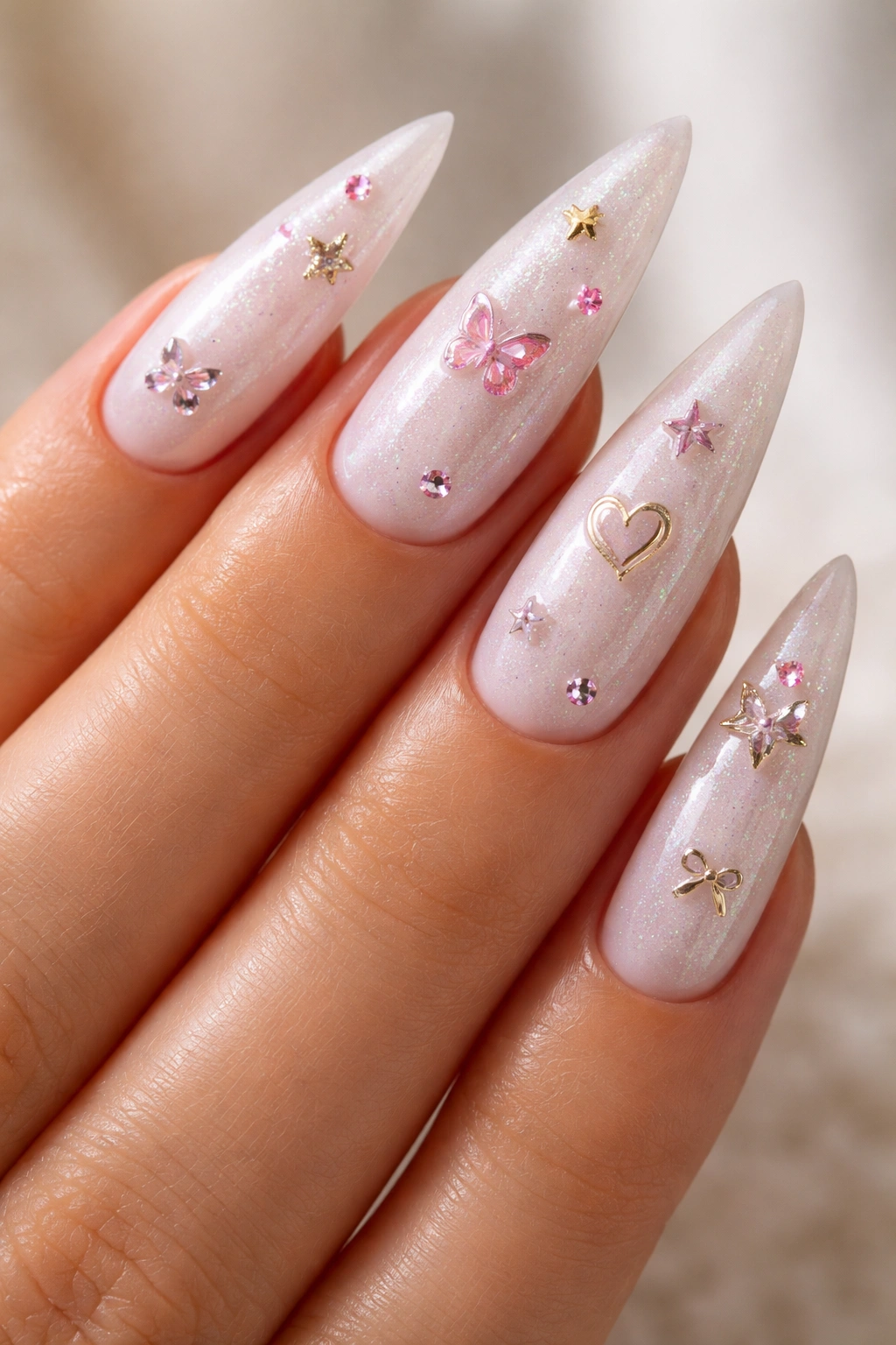 Close-up of frosted white stiletto nails with tiny decorative symbols on each nail