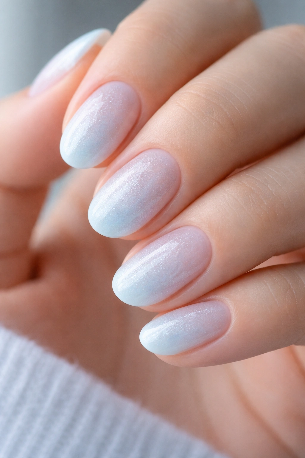 Frosted blue to white ombre on short oval nails