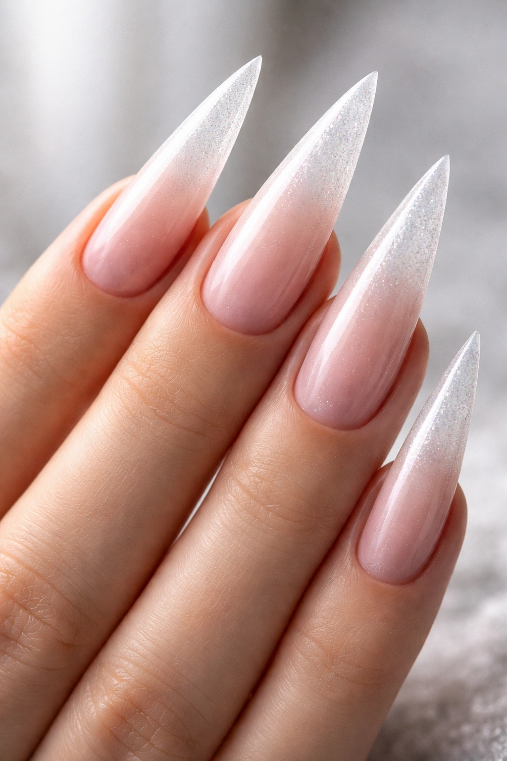 Close-up of Classic Frosted Ombré Stilettos nails with icy gradient