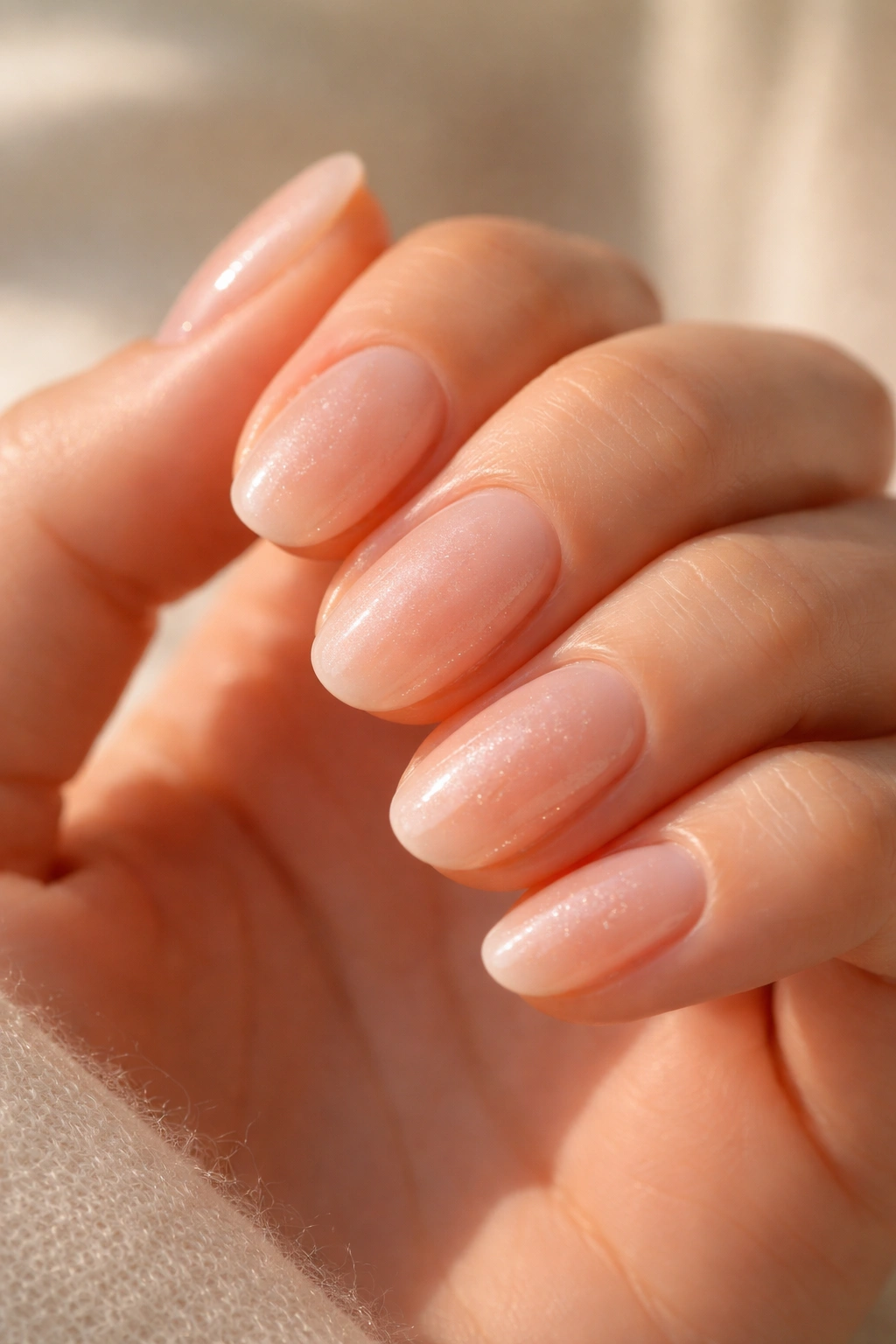 Close-up of short oval nails with frosted peach glaze