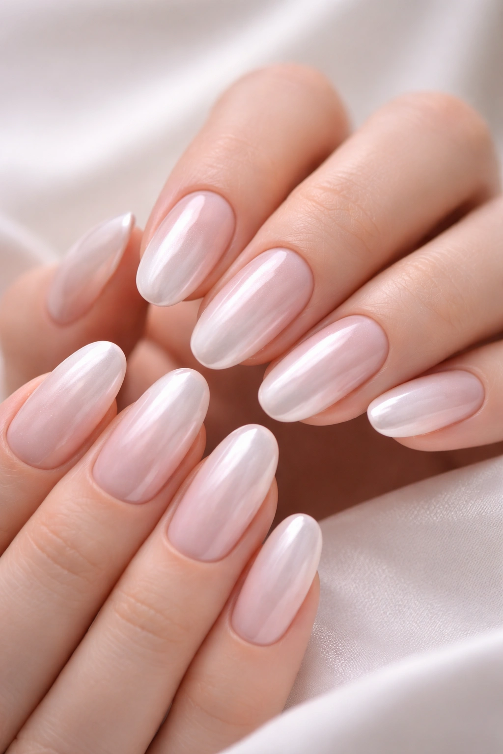 Frosted pearl finish nails with iridescent glow on oval nails