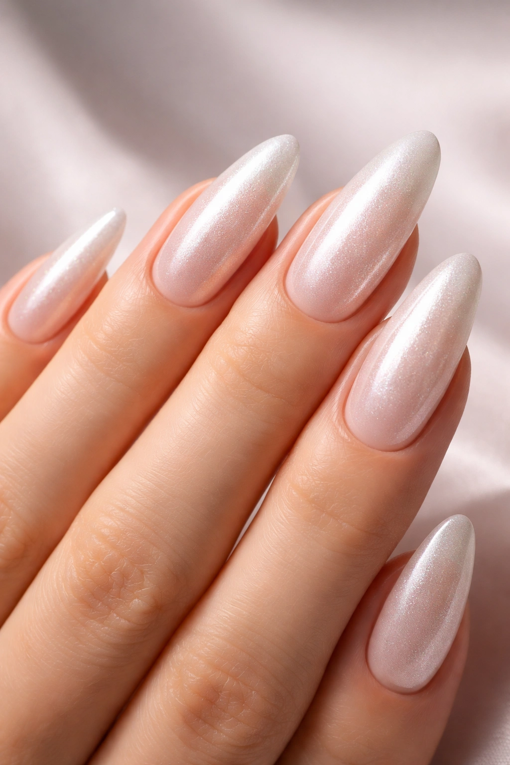 Long almond nails with frosted pearl base and subtle shimmer