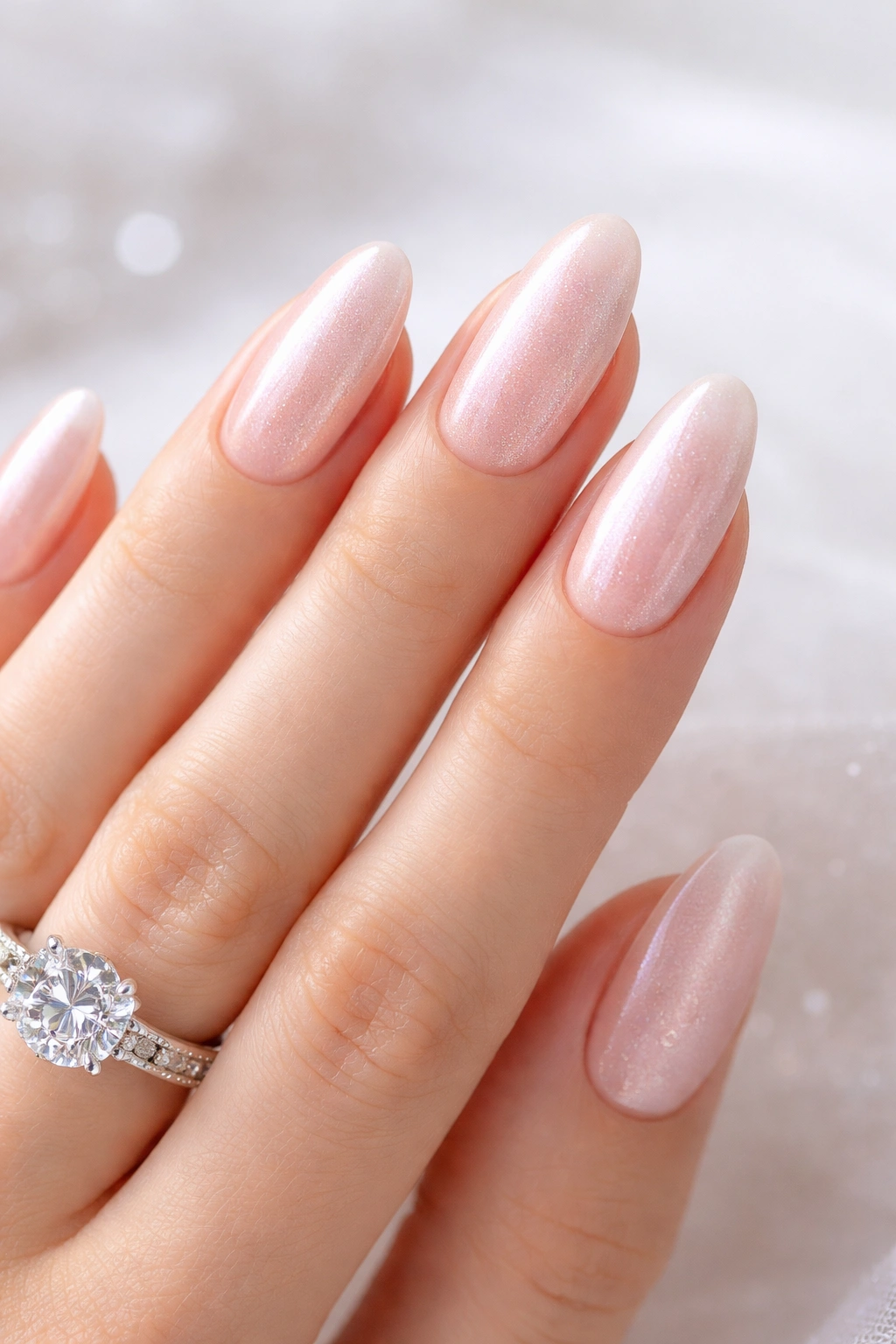 Close-up of frosted pink nails with subtle shimmer on hands