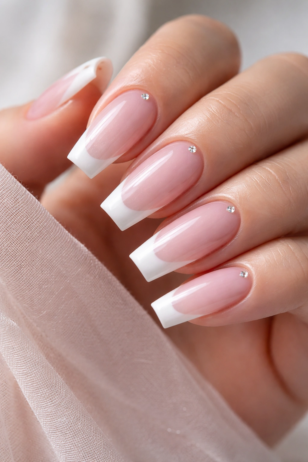 Close-up of frosted baby pink nails with a slim white French tip on ballerina shape.