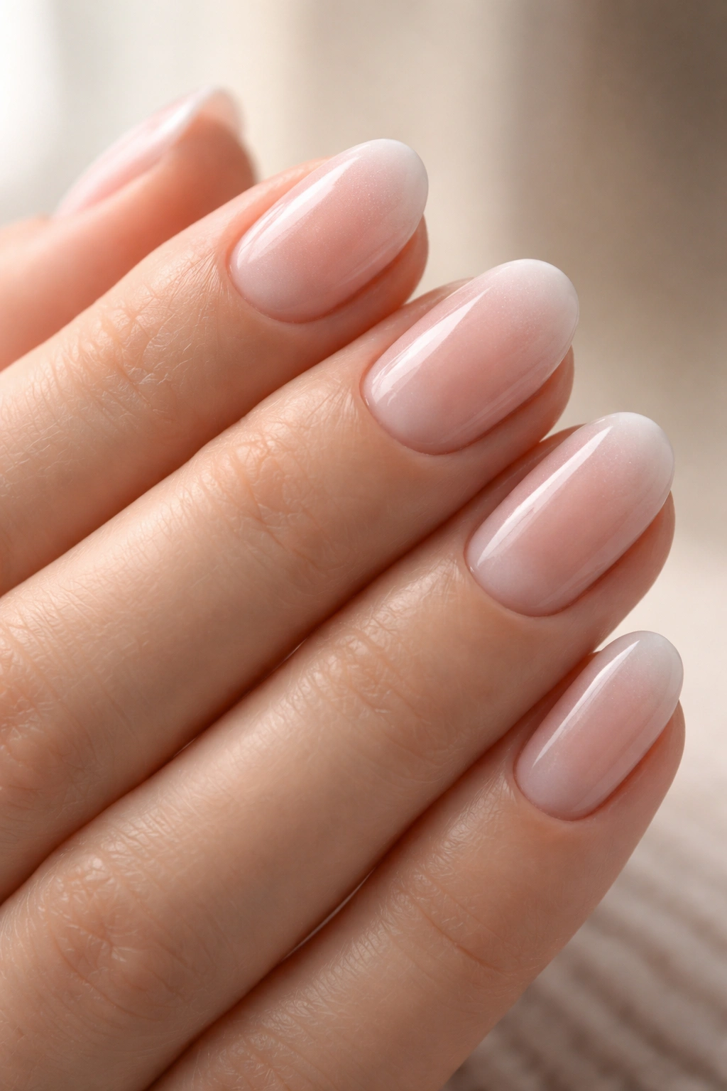 Close-up of short oval nails with frosted pink tips on nude base