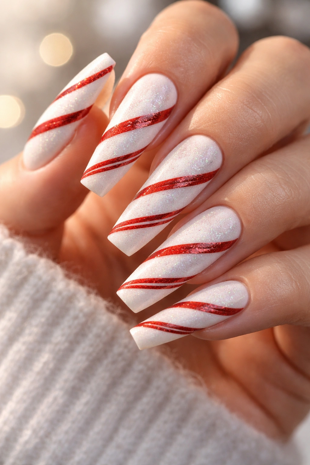 Frosted white coffin nails with red candy-cane stripes spiraling around