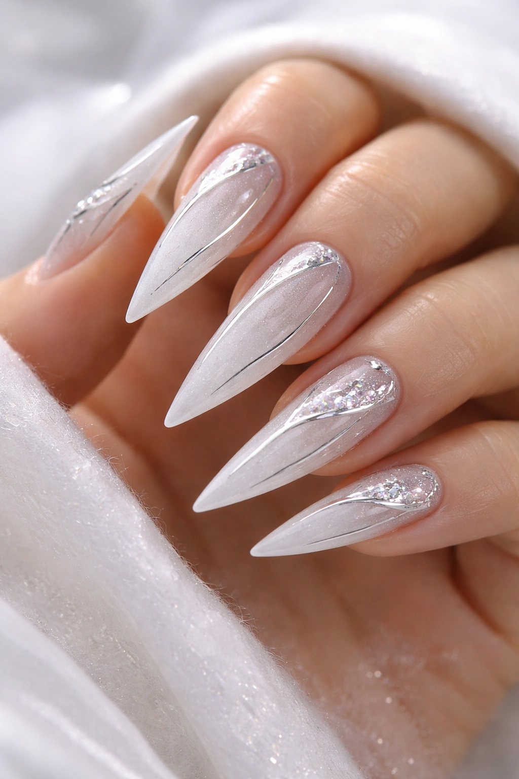 Frosted white stiletto nails with chrome frost accents