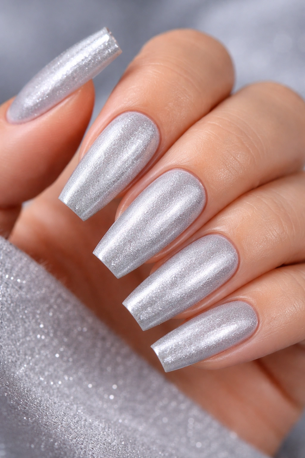 Close-up of medium coffin nails with frosty silver finish and subtle shimmer