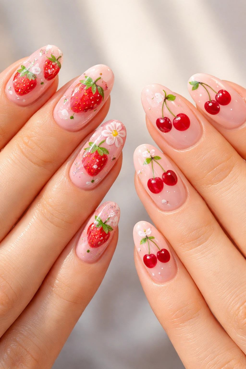Two hands with fruit-themed gel nails featuring strawberries and cherries
