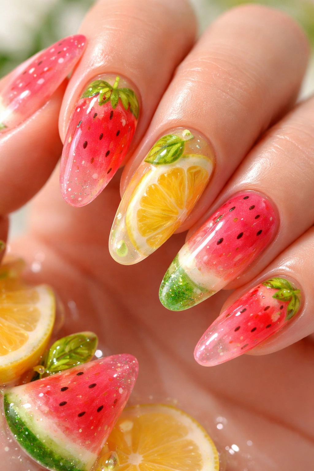 Nails with jelly fruit-inspired art showing translucent red and yellow tones