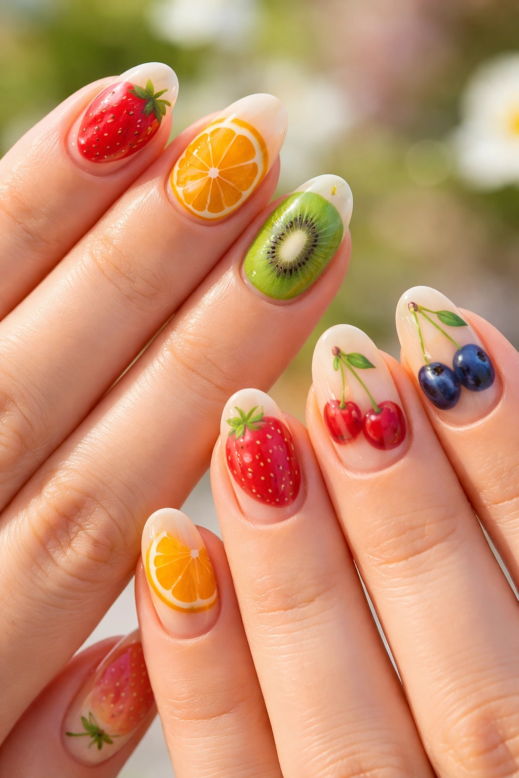 Nails painted with detailed fruit designs on a neutral base