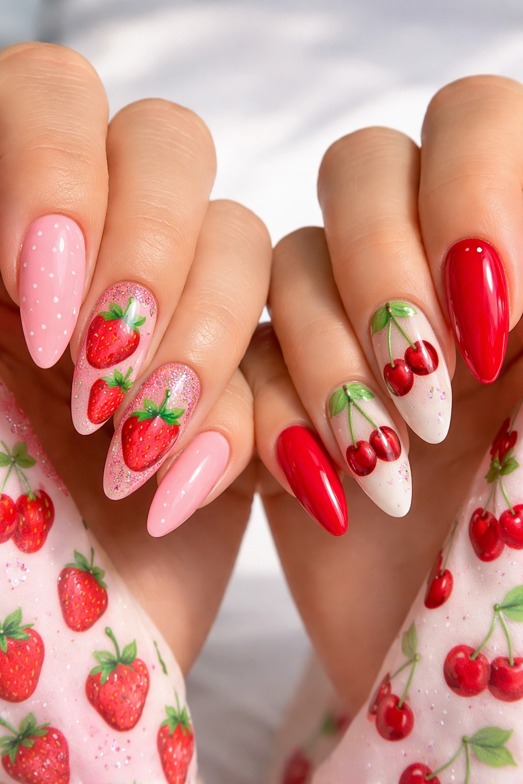 Nails with strawberry and cherry fruit designs on long almond nails.