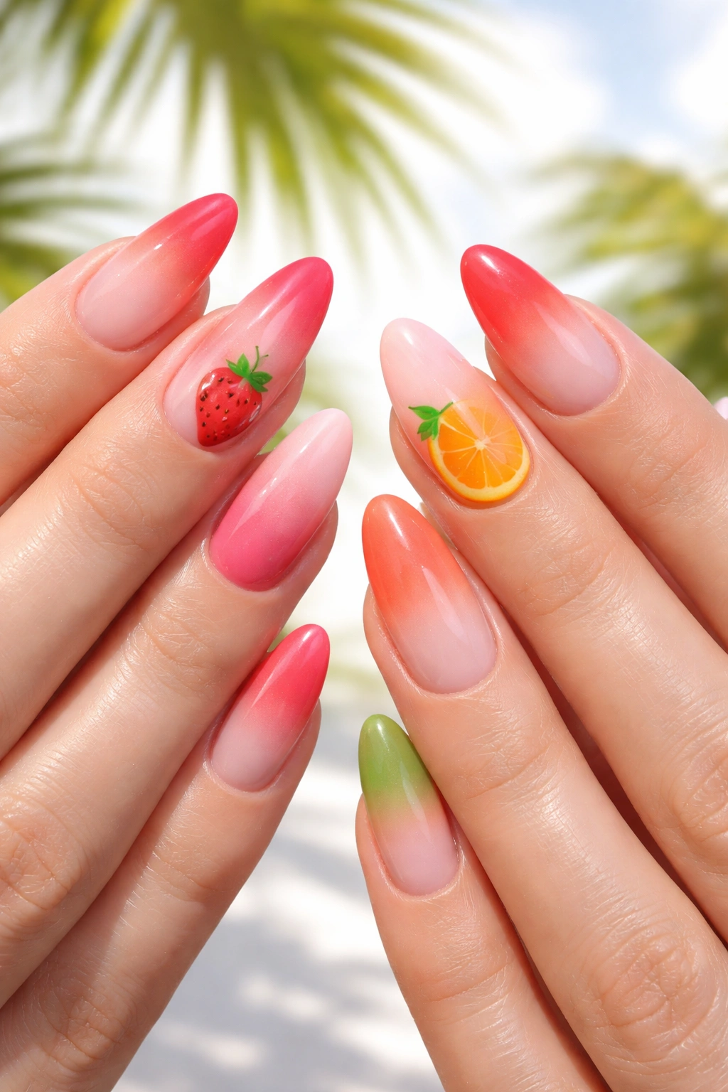 Two hands with almond nails featuring strawberry and orange fruit accents on accent nails