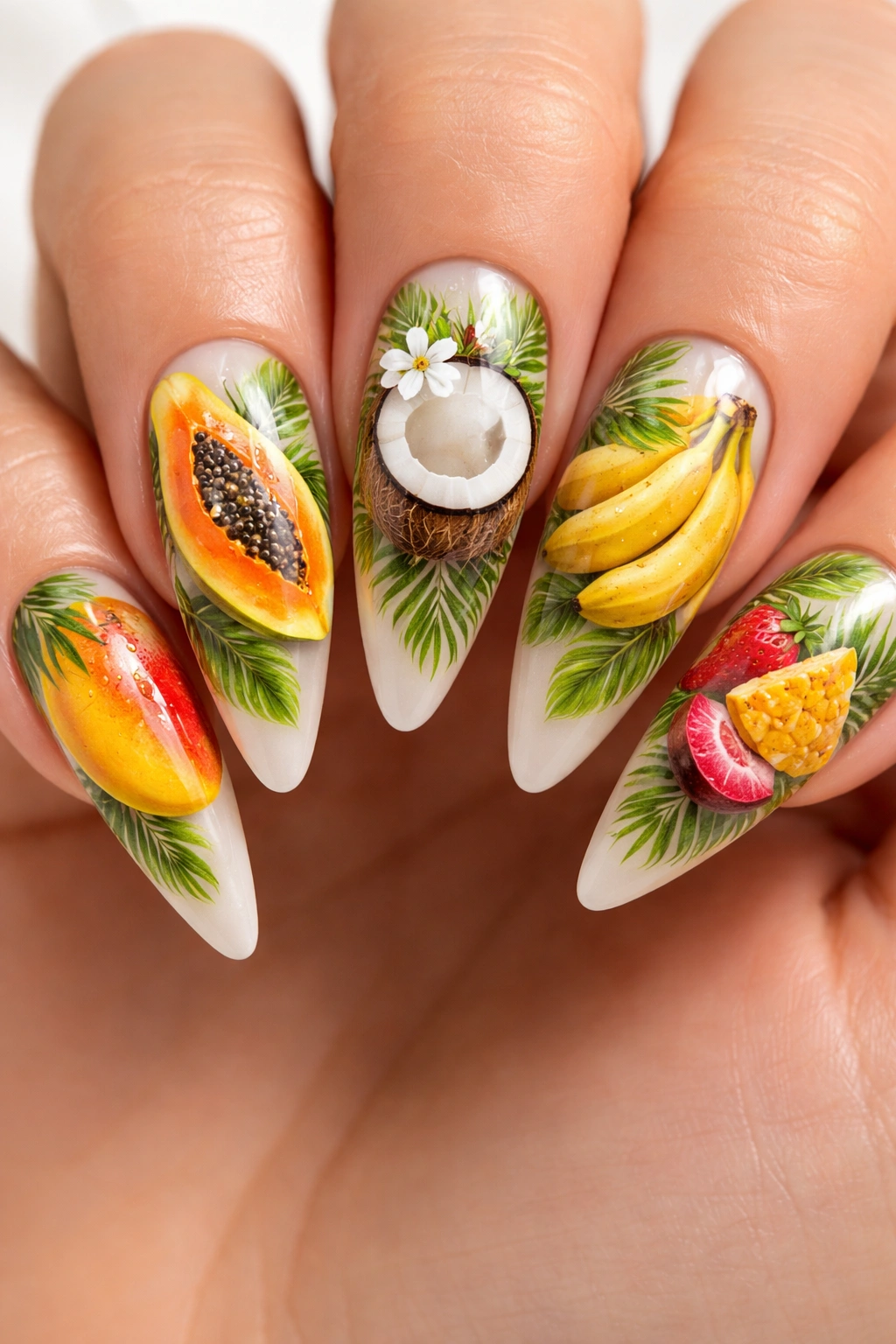 Set of five stiletto nails with tropical fruit illustrations including mango, papaya, coconut, banana