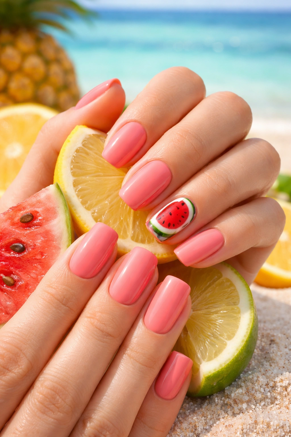 Close-up of fruit-inspired nail art with a watermelon accent on a coral nail at the beach
