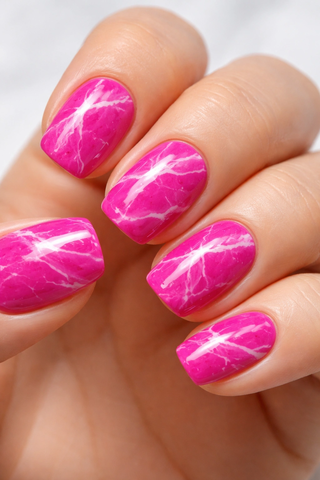 Close-up of short squoval nails in bright fuchsia with white marble veining