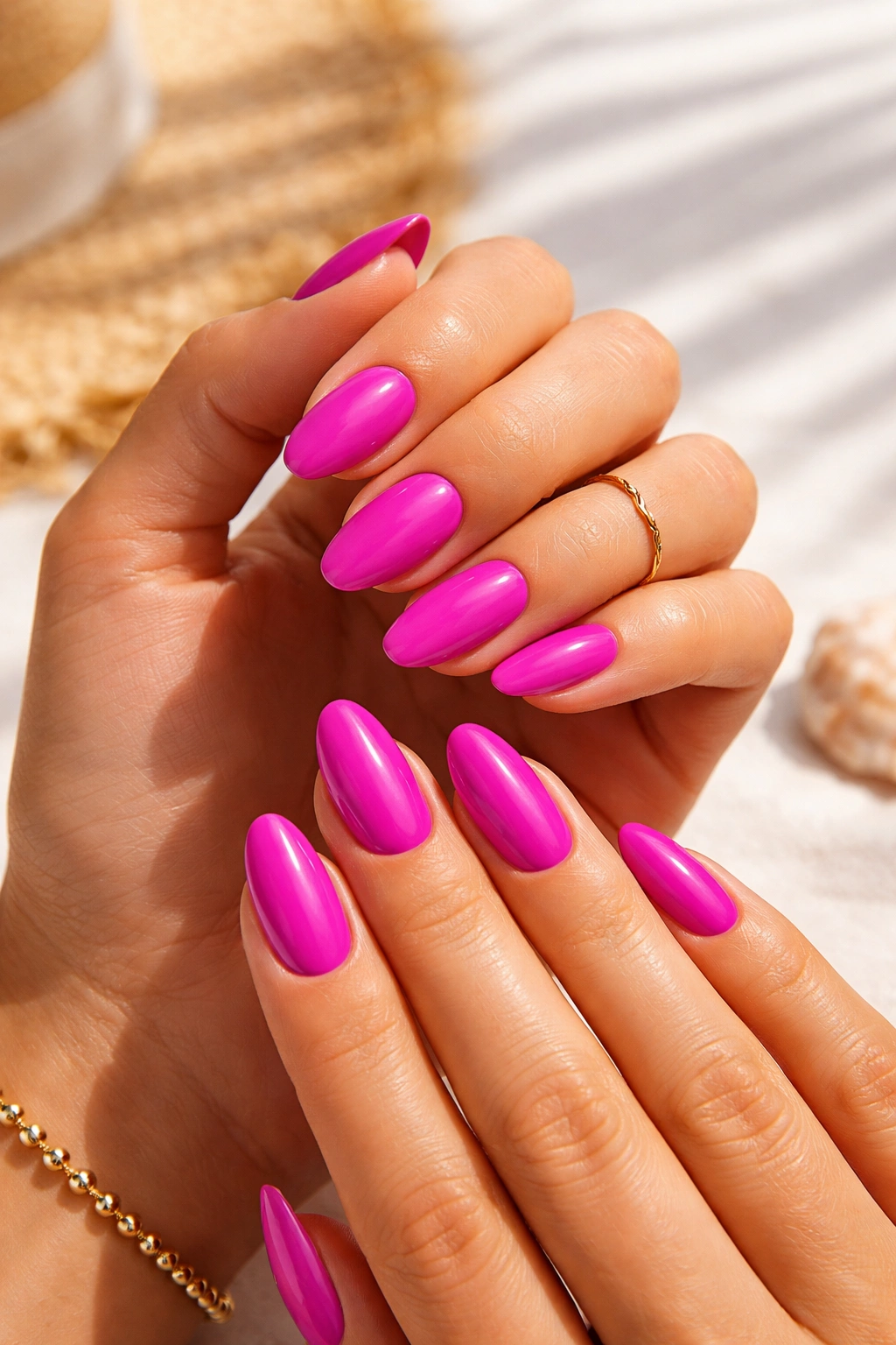 Close-up of fuchsia nails on sun-kissed hand.