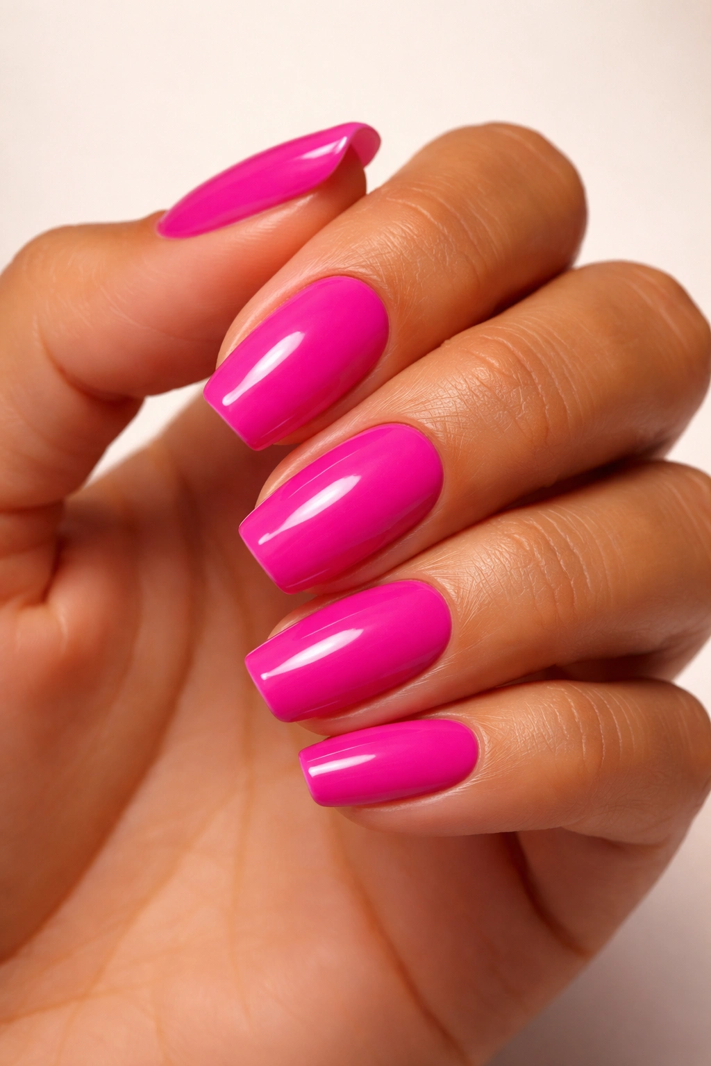 Close-up of a tanned hand with fuchsia nails.