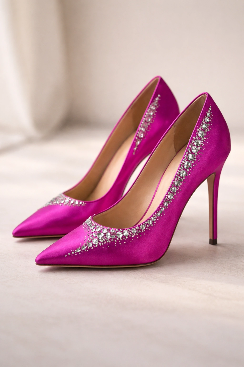 Bright fuchsia stilettos with rhinestones on clean background