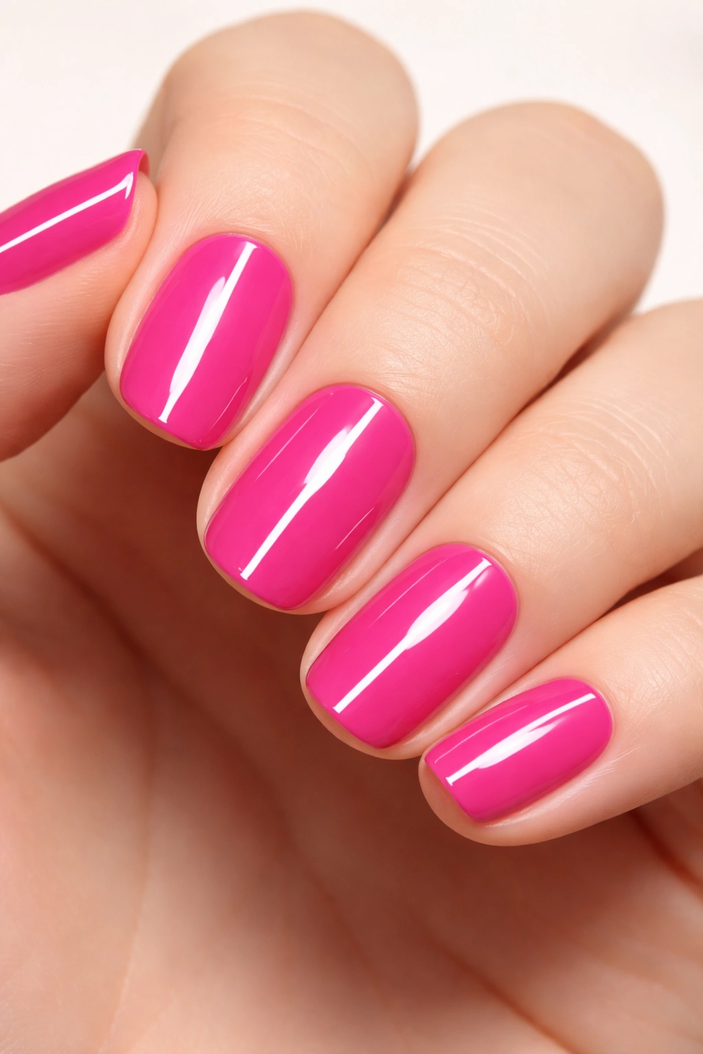 Close-up of short squoval nails in bright fuchsia with a white line accent