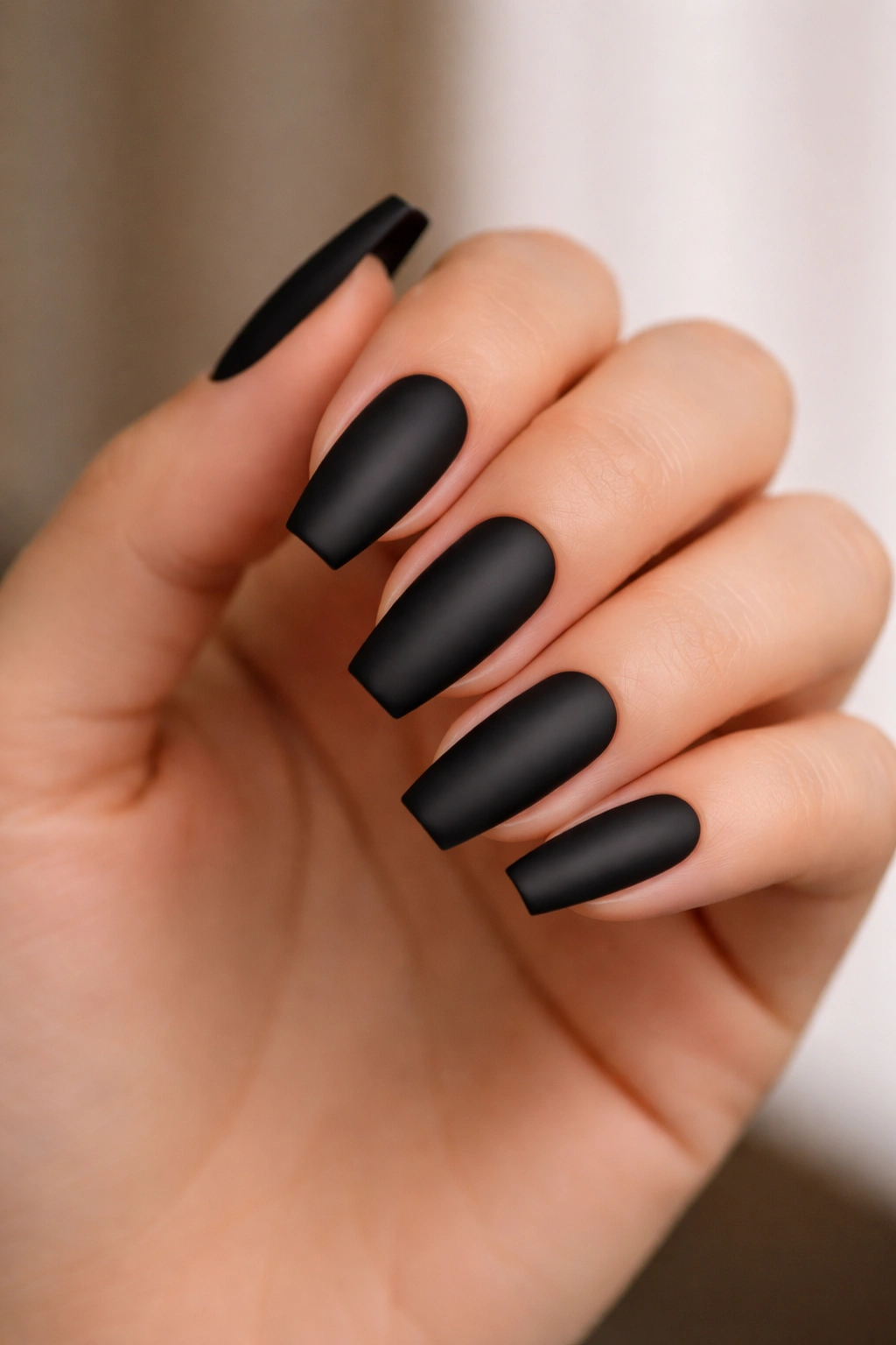 Hand showing classic full-coverage black matte ballerina nails at medium length.