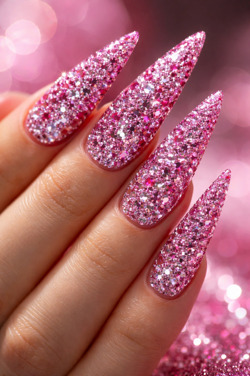 Nails densely covered with rhinestones on hot pink stiletto nails