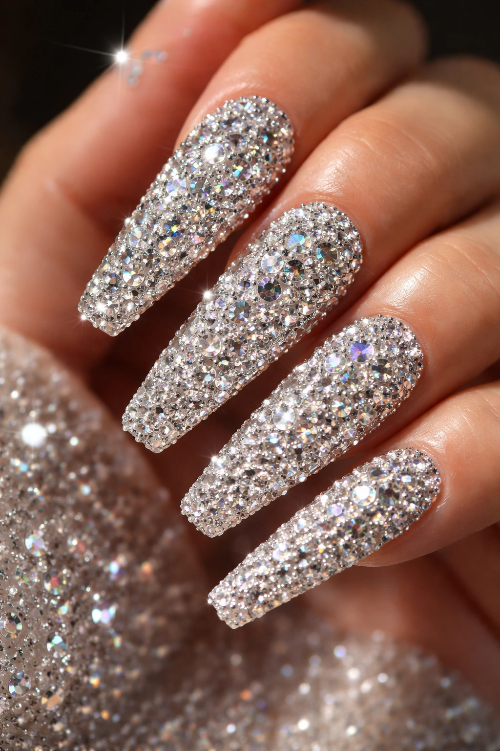 Coffin nail fully bedazzled with rhinestones of varying sizes
