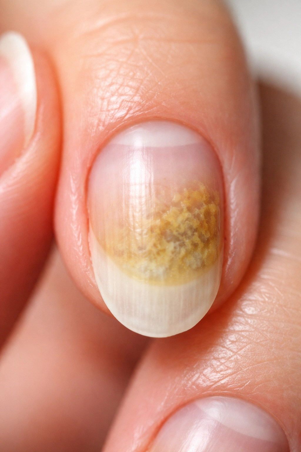 Fingernail with mild discoloration indicating possible fungal issue needing professional help