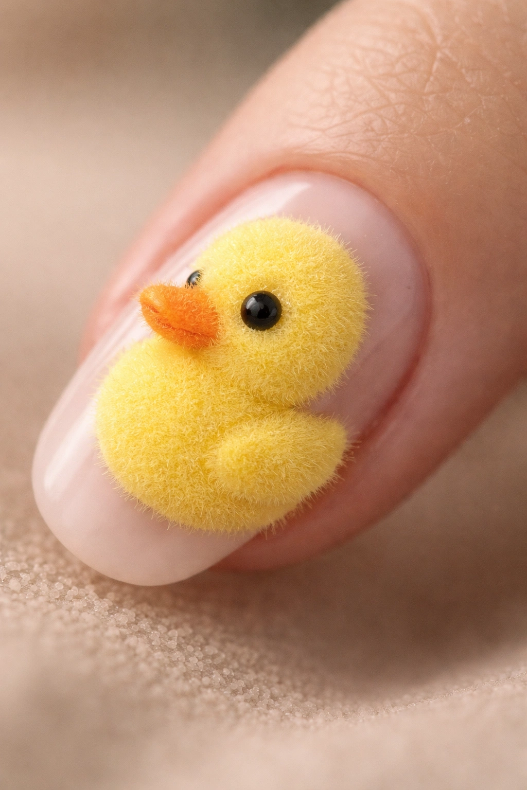 Duck nail art with fuzzy velvet texture on yellow body