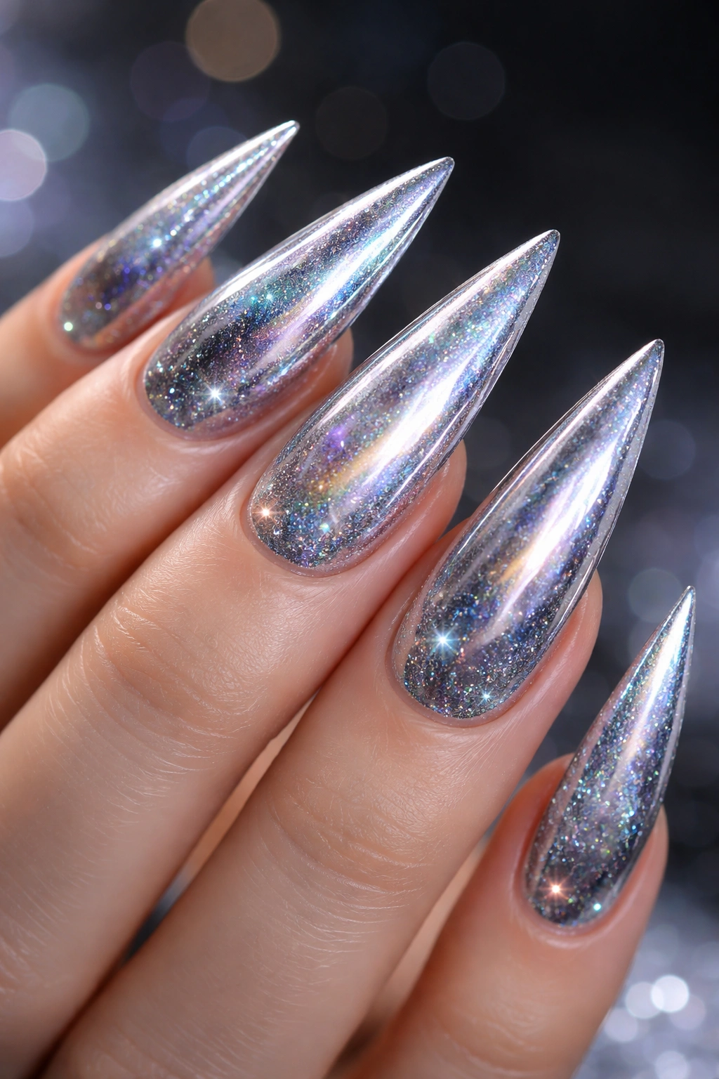 Close-up of holographic chrome silver nails with galaxy-like specks