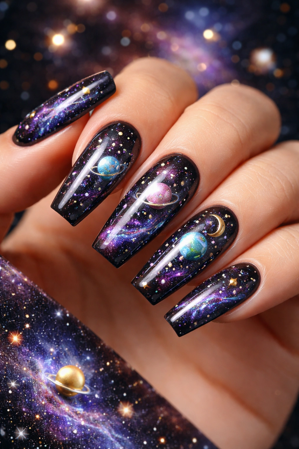 Coffin nails with galaxy design including stars and planets
