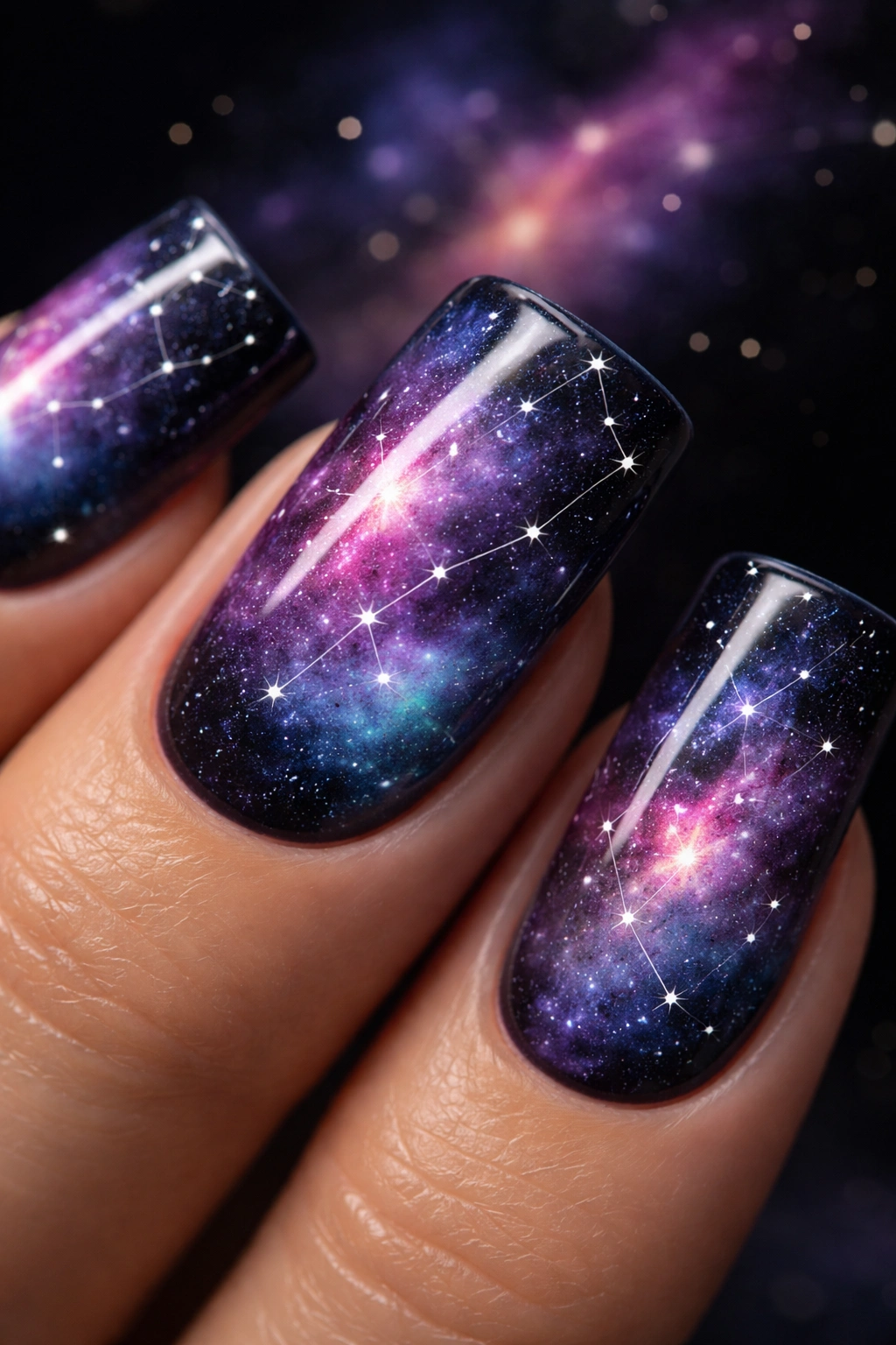 Close-up of a duck nail featuring a galaxy and constellation design in dark tones