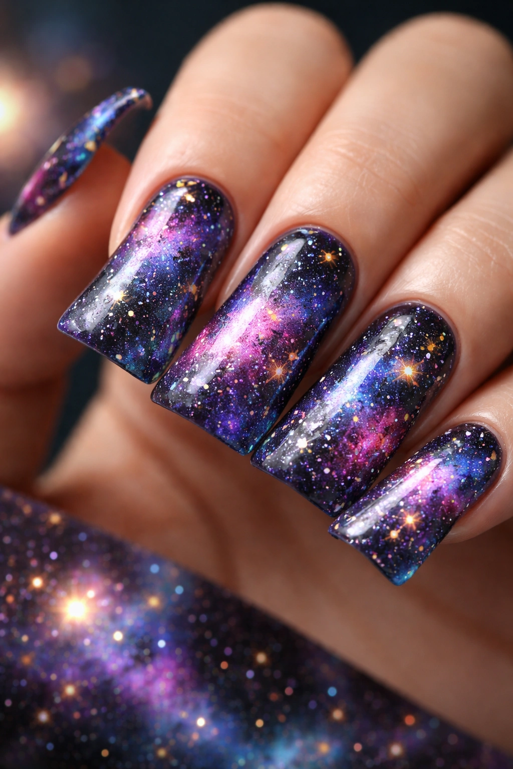 Duck nails showing galaxy-inspired nebula colors and stars.