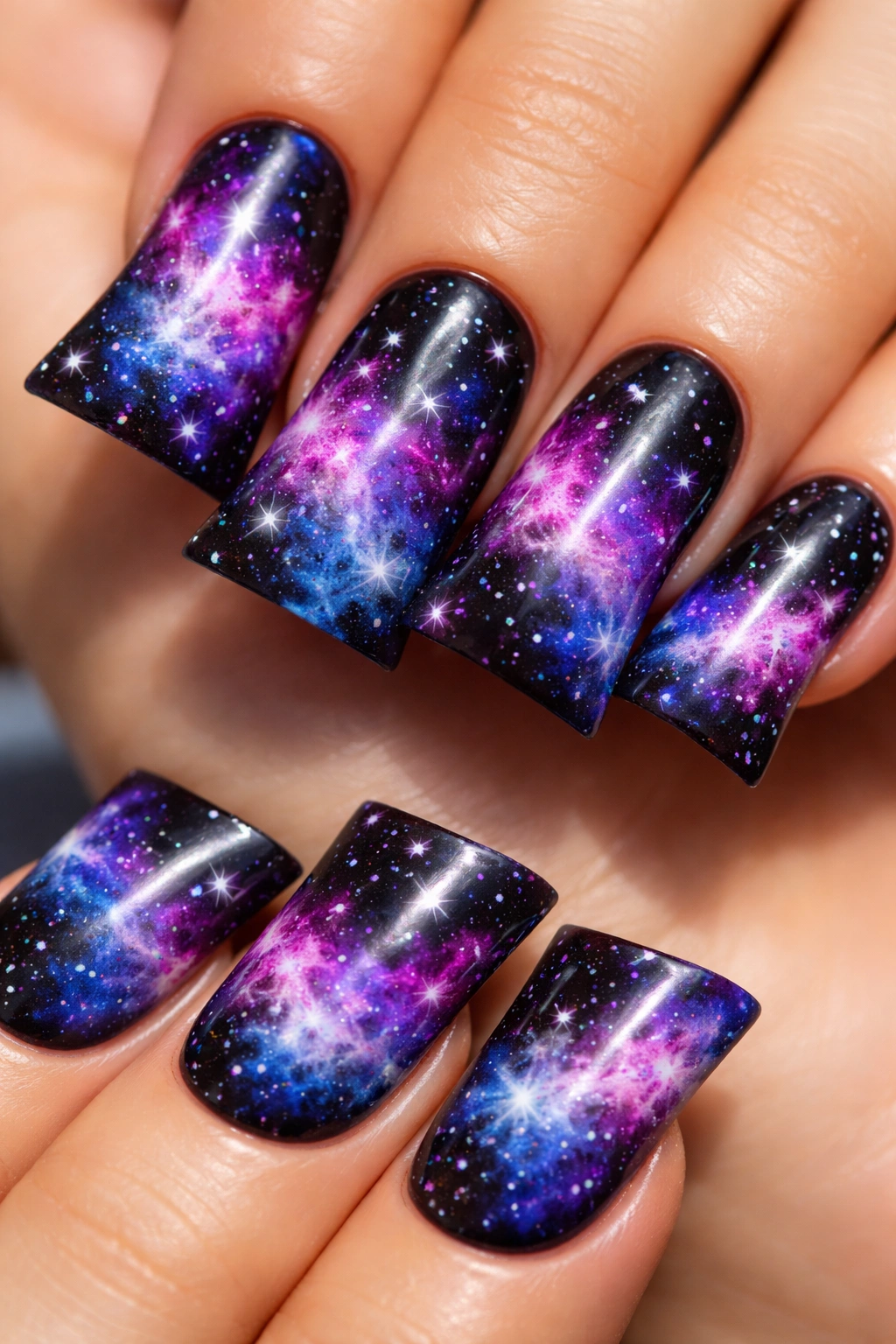 Close-up of galaxy duck nails with nebula swirls and stars on a dark base