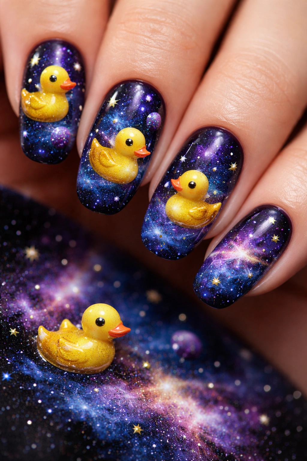 Nails show galaxy ducks in a space scene with stars