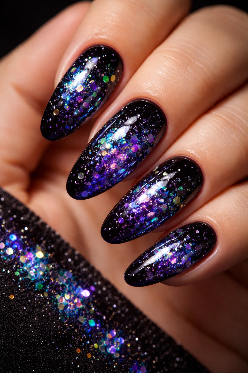 Nails with galaxy-inspired dark gradient and holographic foil stars.