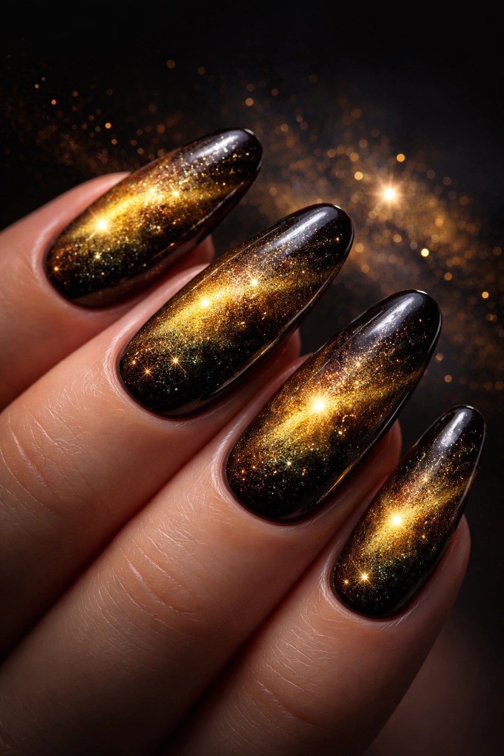 Nails with deep dark base and gold galaxy shimmer resembling stars.