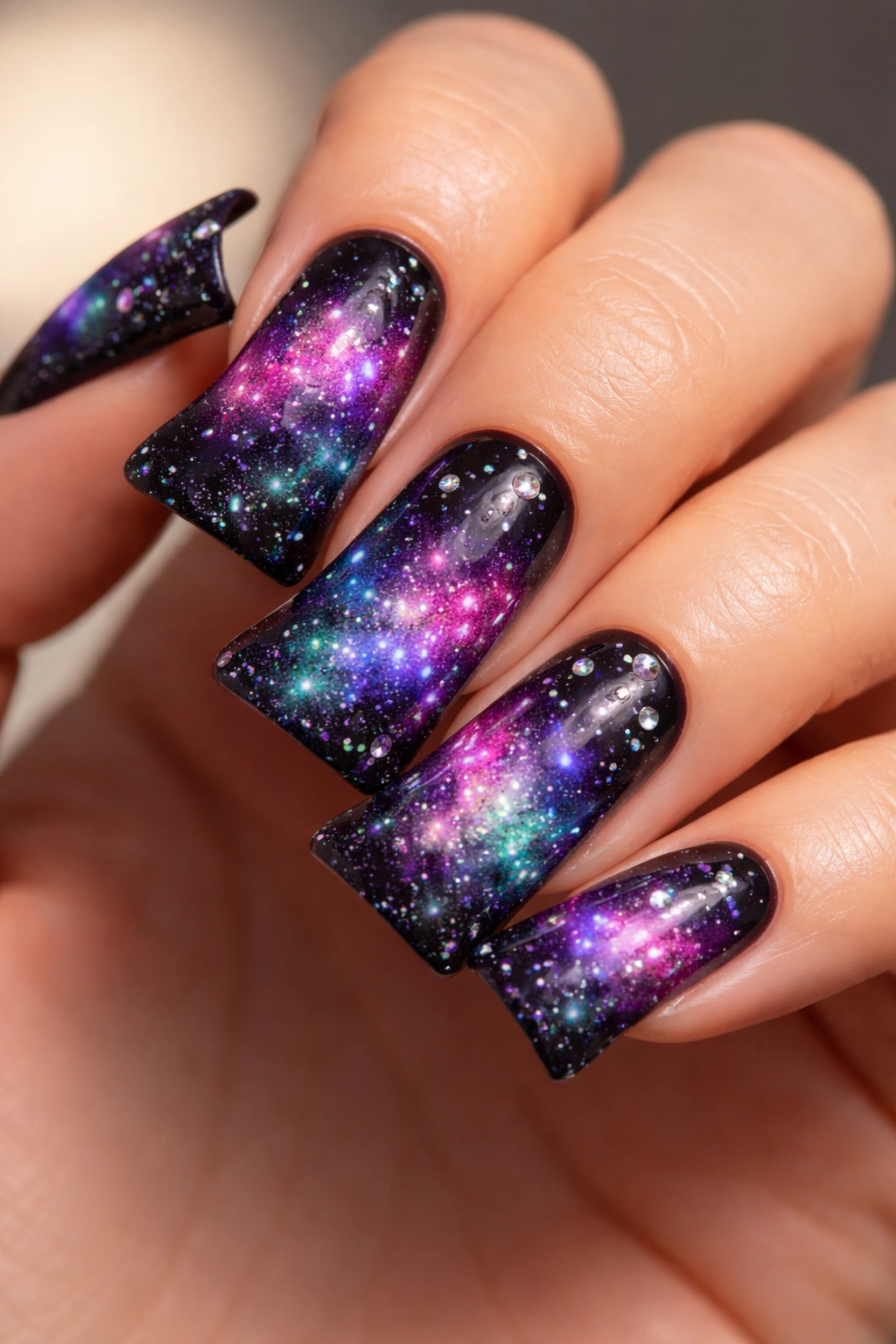 Close-up of duck nails with a cosmic galaxy design featuring a dark base, purple and teal swirls, glitter, and star specks.