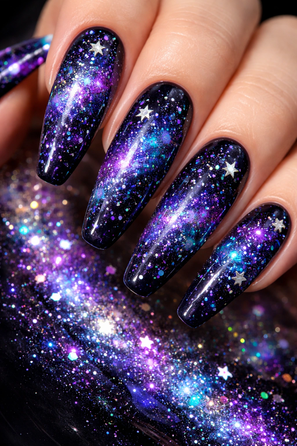 Nails with galaxy-inspired glitter on dark base with star shapes
