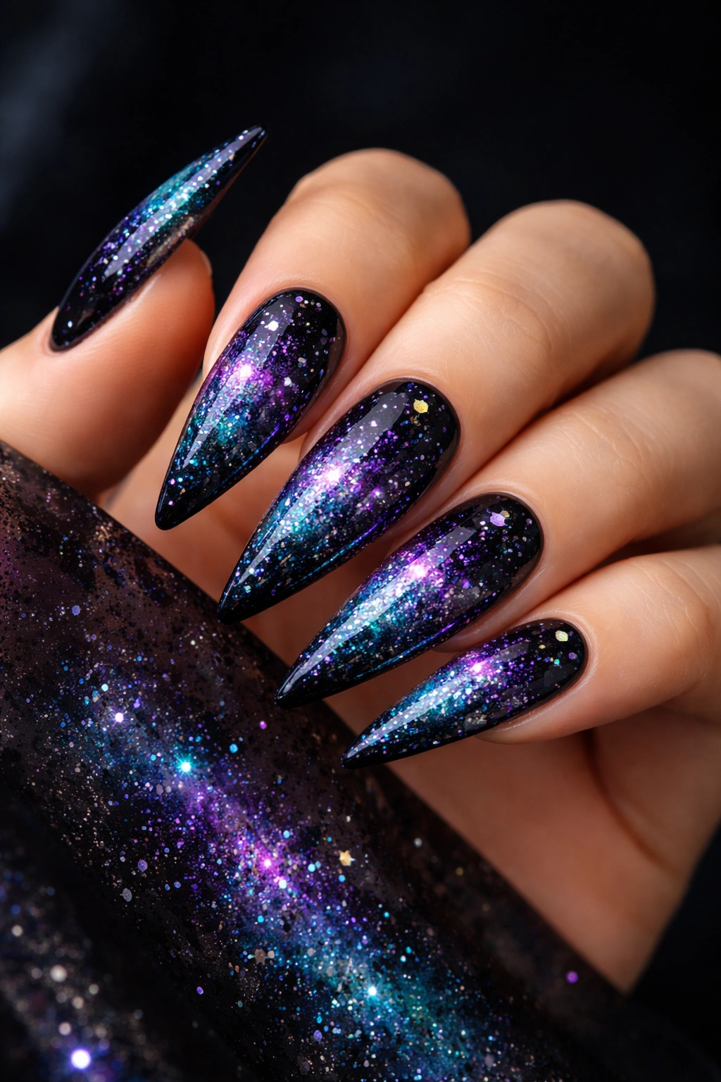 Stiletto nails with galaxy-inspired glitter and tiny stars