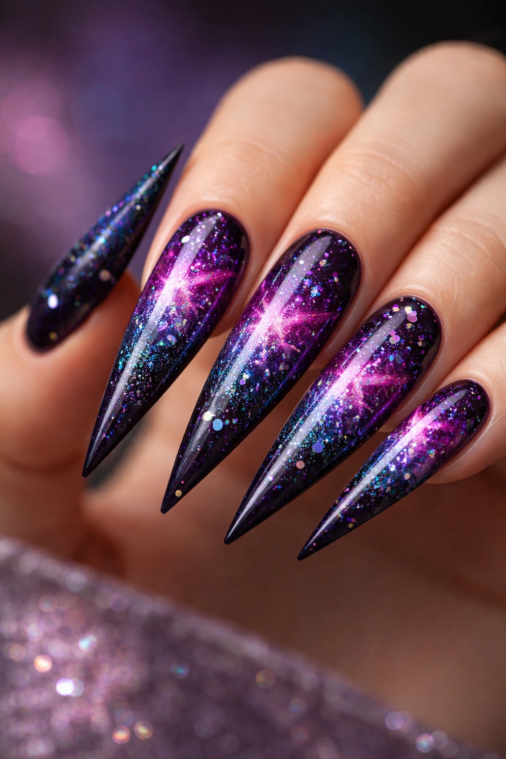 Close-up of stiletto nails with galaxy nebula gradient and glitter stars.