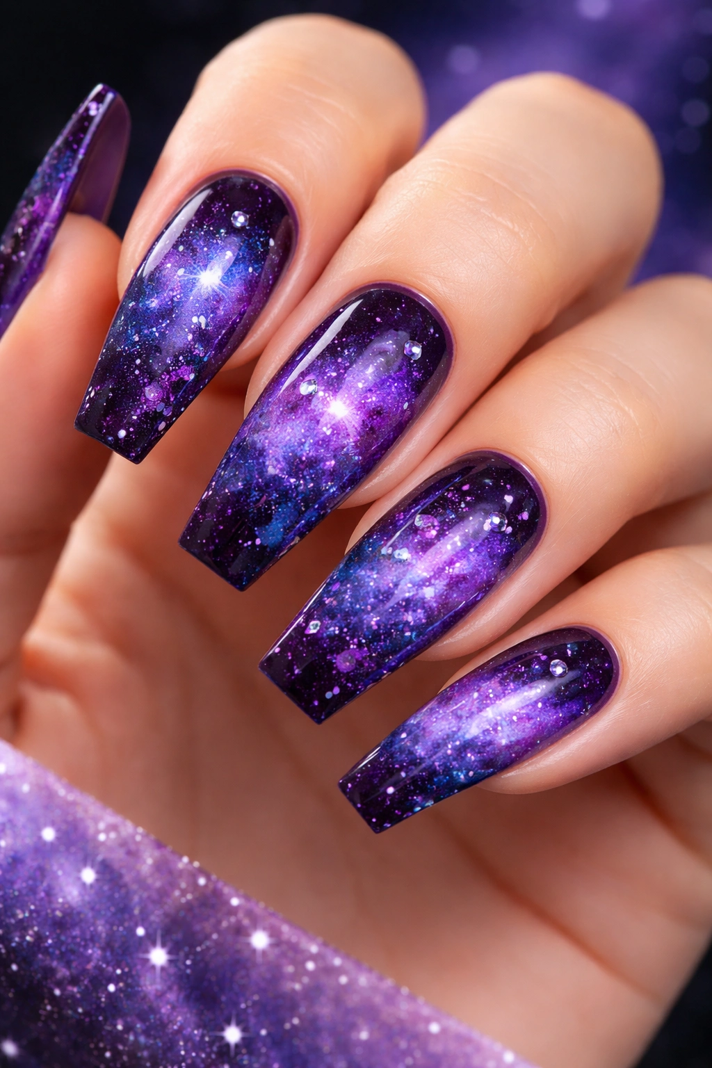 Purple galaxy nails with star-like specks
